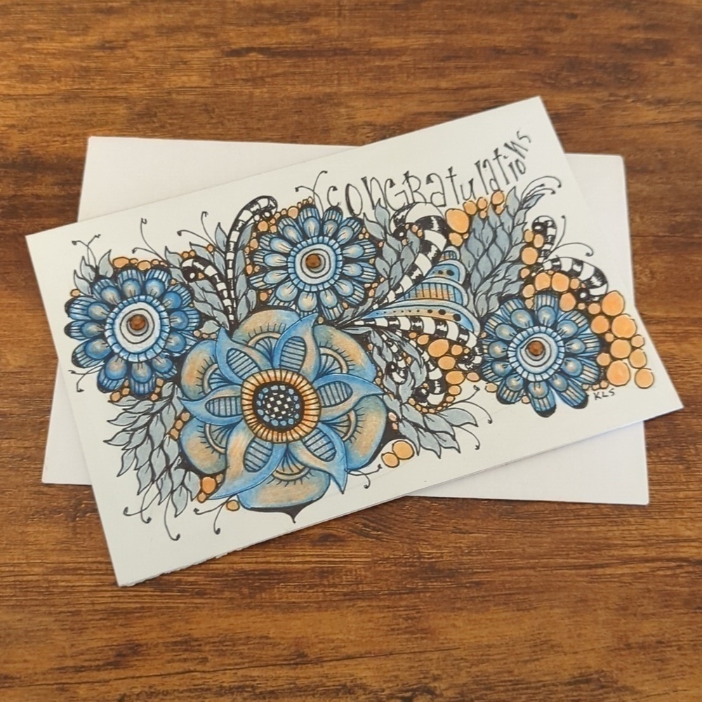 🌻 5/$20 Handmade Floral Zentangle Card-Blue & Orange- Congratulations Card